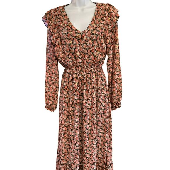 Axara Paris Women's Pink Gold Floral Maxi Tiered Dress Large Country Prairie - Picture 2 of 7